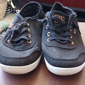 Skechers Girls' Black Canvas Sneakers with Rose Gold Eyelets